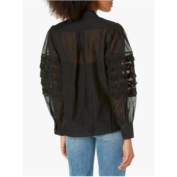 Rebecca Taylor $295 Women's Black Silk Ribbon Trim Sheer Button-Up Size S Luxury - Picture 13 of 16